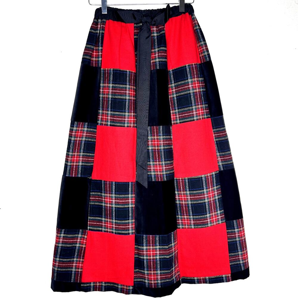Talbots Vintage Patchwork Maxi Skirt Plaid Black Velvet Wool Bow One Size